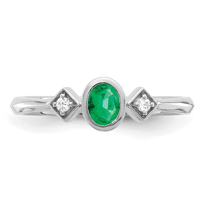 14k White Gold Oval Bezel Emerald and Real Diamond Ring