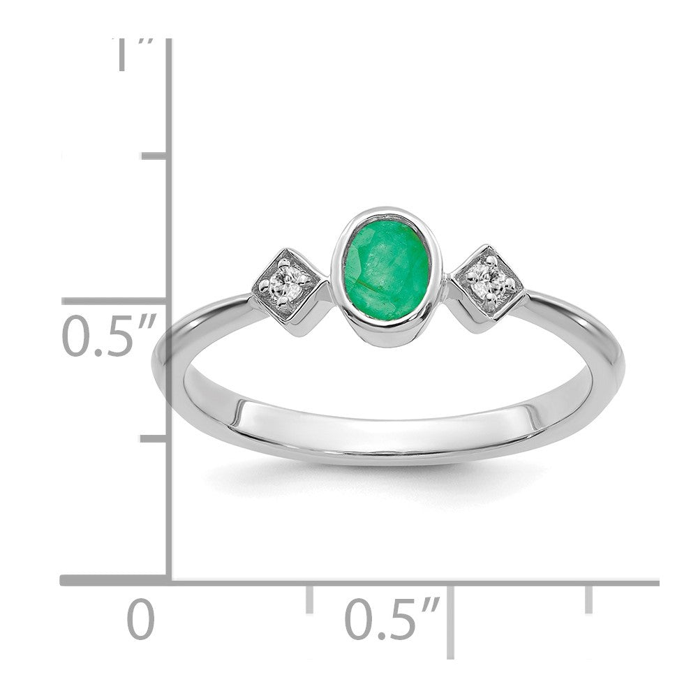 14k White Gold Oval Bezel Emerald and Real Diamond Ring