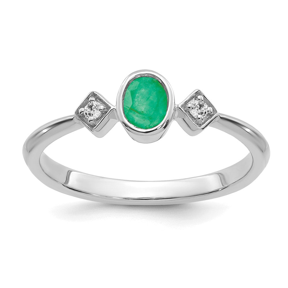 14k White Gold Oval Bezel Emerald and Real Diamond Ring