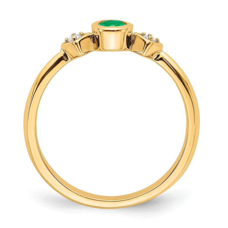14K Yellow Gold Oval Bezel Emerald and Real Diamond Ring