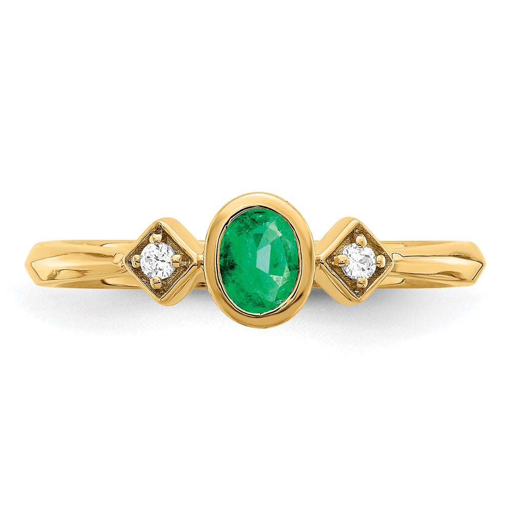 14K Yellow Gold Oval Bezel Emerald and Real Diamond Ring