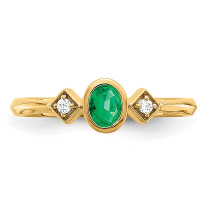 14K Yellow Gold Oval Bezel Emerald and Real Diamond Ring