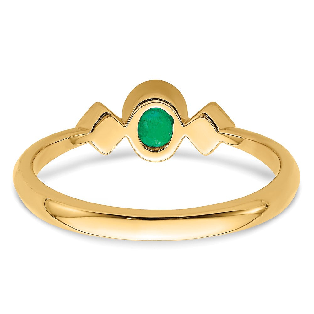 14K Yellow Gold Oval Bezel Emerald and Real Diamond Ring
