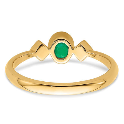 14K Yellow Gold Oval Bezel Emerald and Real Diamond Ring