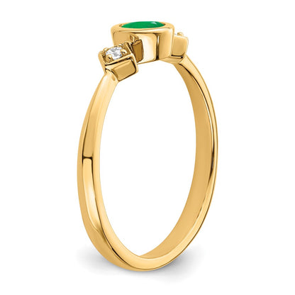 14K Yellow Gold Oval Bezel Emerald and Real Diamond Ring