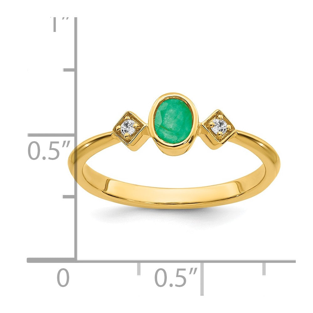 14K Yellow Gold Oval Bezel Emerald and Real Diamond Ring