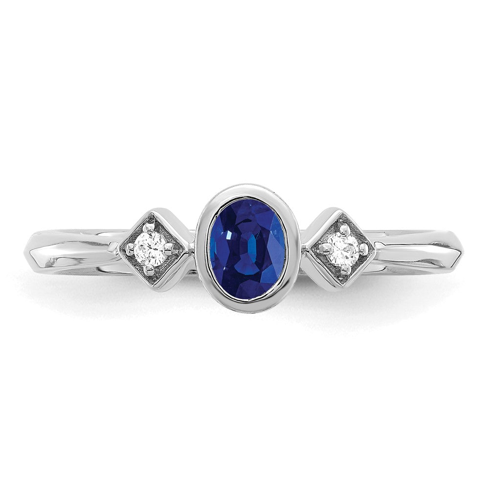 14k White Gold Oval Bezel Sapphire and Real Diamond Ring