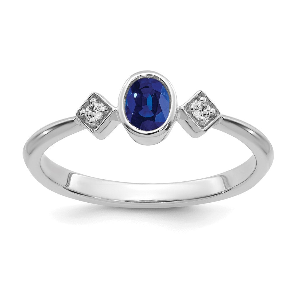 14k White Gold Oval Bezel Sapphire and Real Diamond Ring