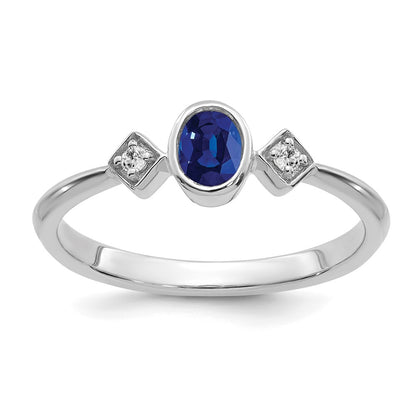 14k White Gold Oval Bezel Sapphire and Real Diamond Ring