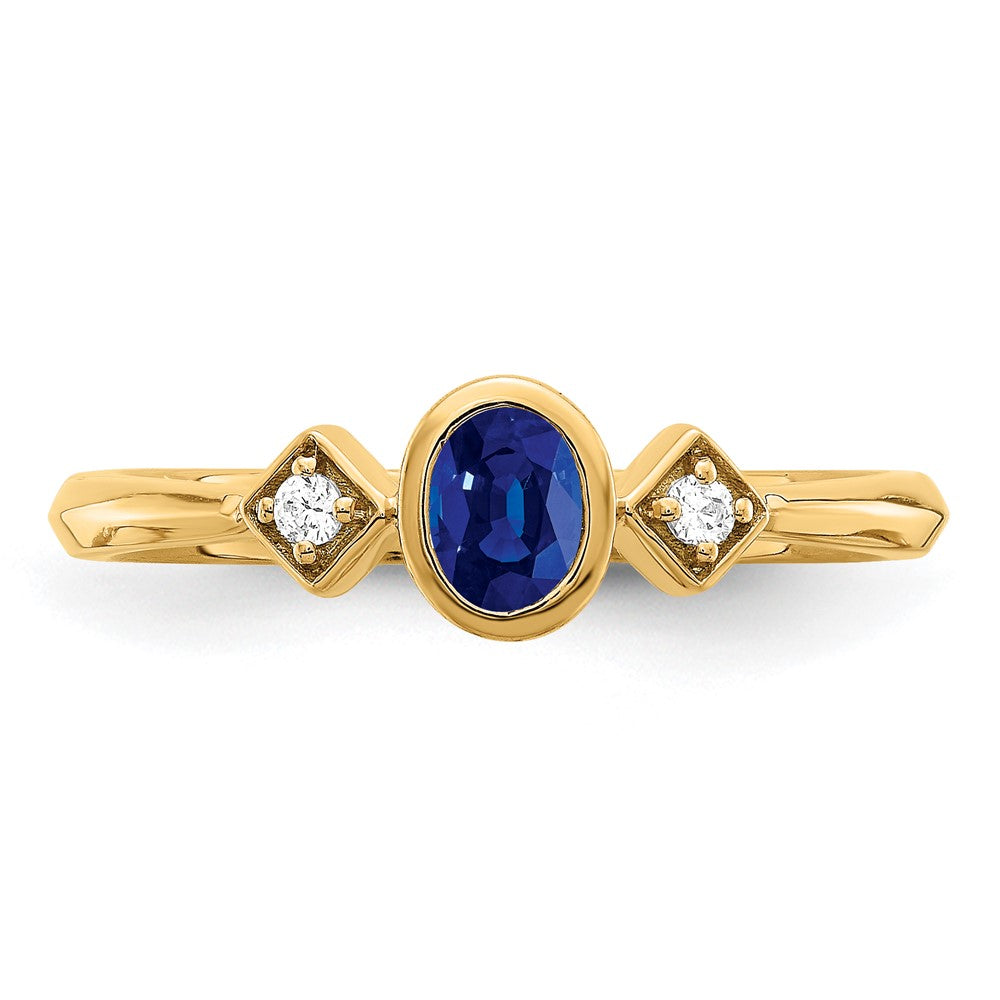 14K Yellow Gold Oval Bezel Sapphire and Real Diamond Ring