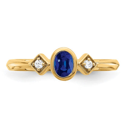 14K Yellow Gold Oval Bezel Sapphire and Real Diamond Ring