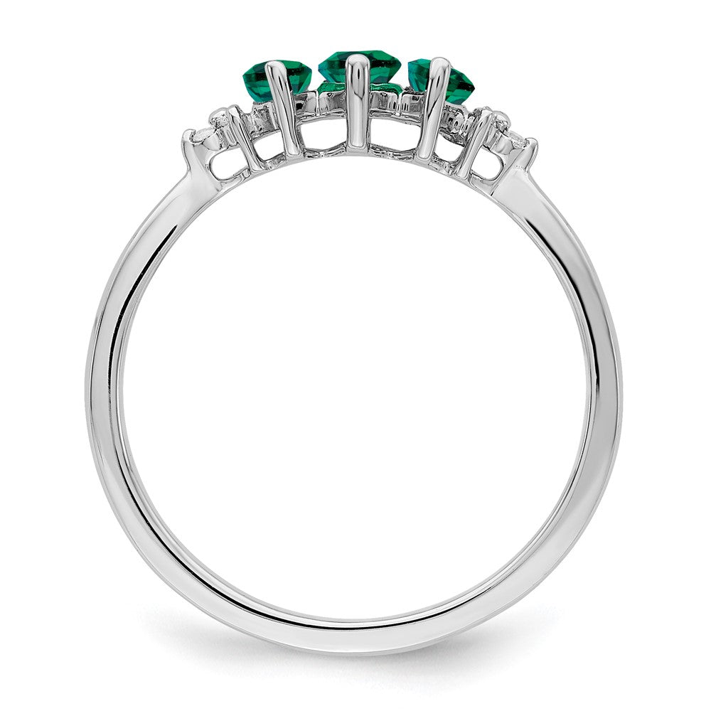 14k White Gold Marquise Created Emerald and Real Diamond 3-stone Ring