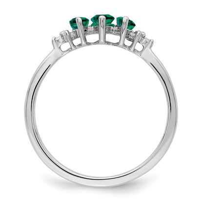 14k White Gold Marquise Created Emerald and Real Diamond 3-stone Ring