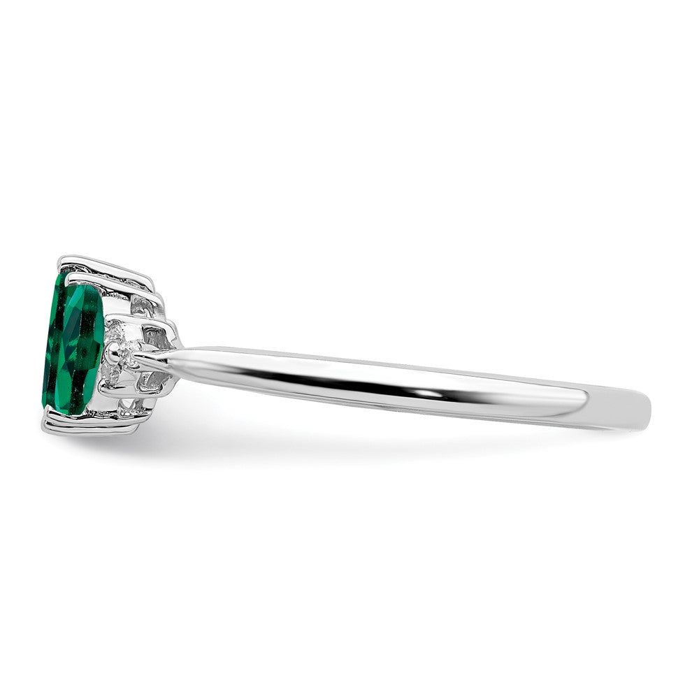 14k White Gold Marquise Created Emerald and Real Diamond 3-stone Ring