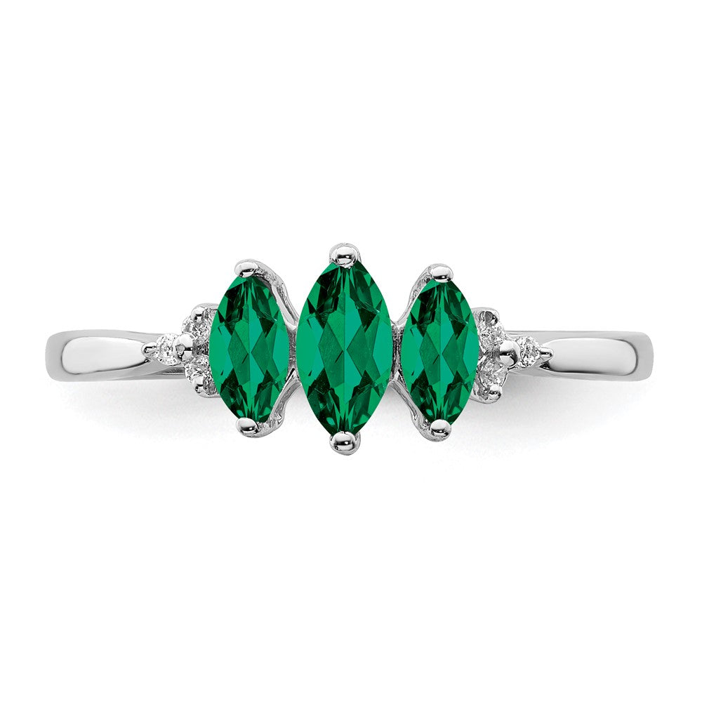 14k White Gold Marquise Created Emerald and Real Diamond 3-stone Ring