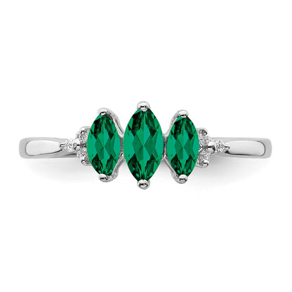 14k White Gold Marquise Created Emerald and Real Diamond 3-stone Ring