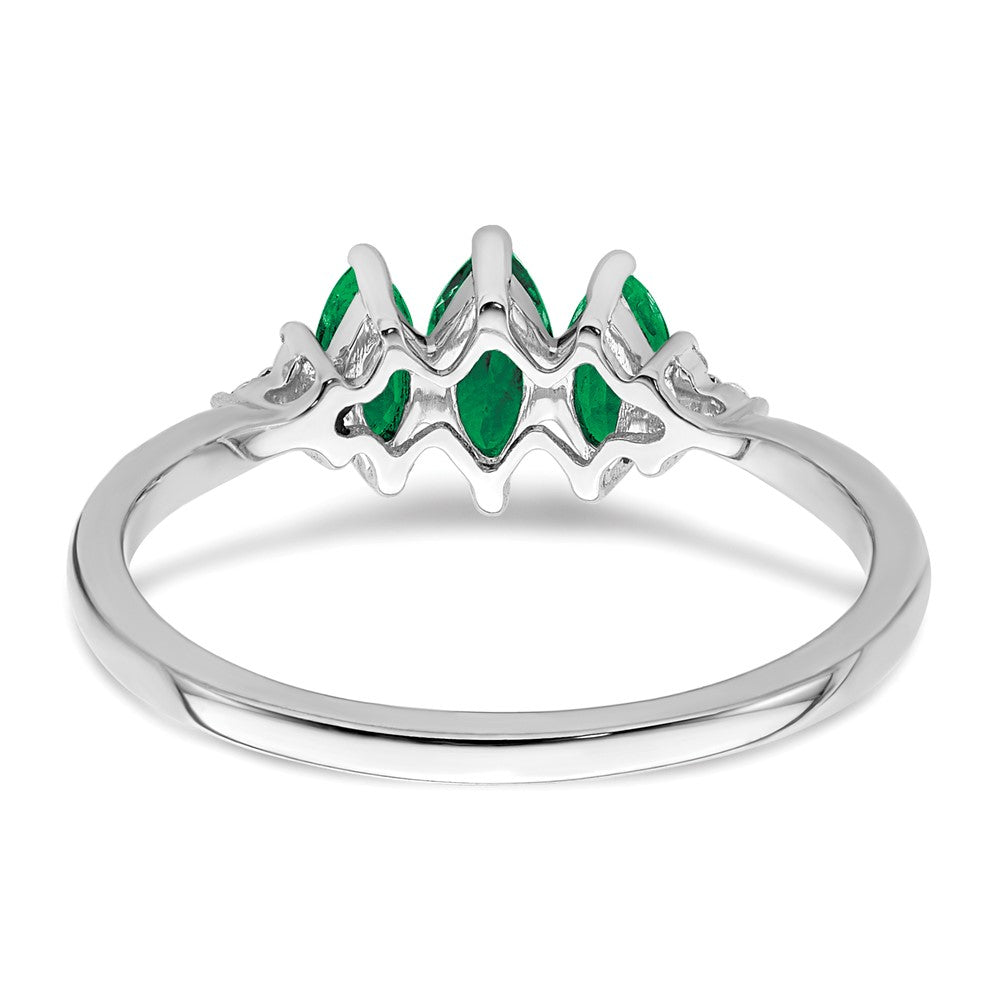 14k White Gold Marquise Created Emerald and Real Diamond 3-stone Ring