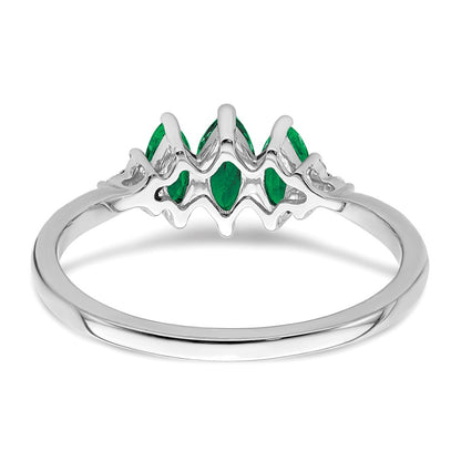 14k White Gold Marquise Created Emerald and Real Diamond 3-stone Ring