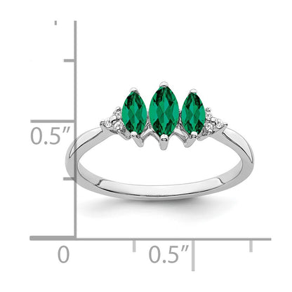 14k White Gold Marquise Created Emerald and Real Diamond 3-stone Ring