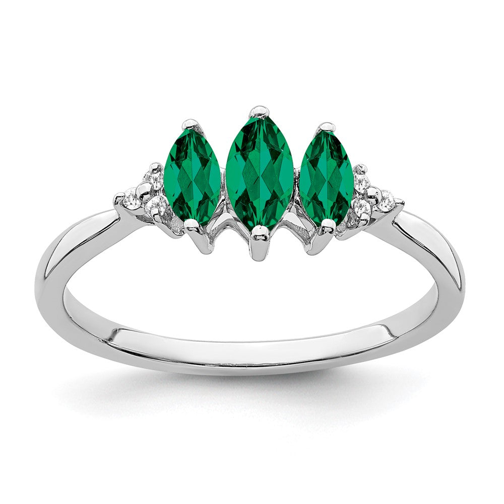 14k White Gold Marquise Created Emerald and Real Diamond 3-stone Ring