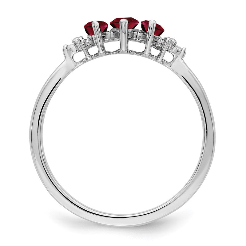 14k White Gold Marquise Created Ruby and Real Diamond 3-stone Ring