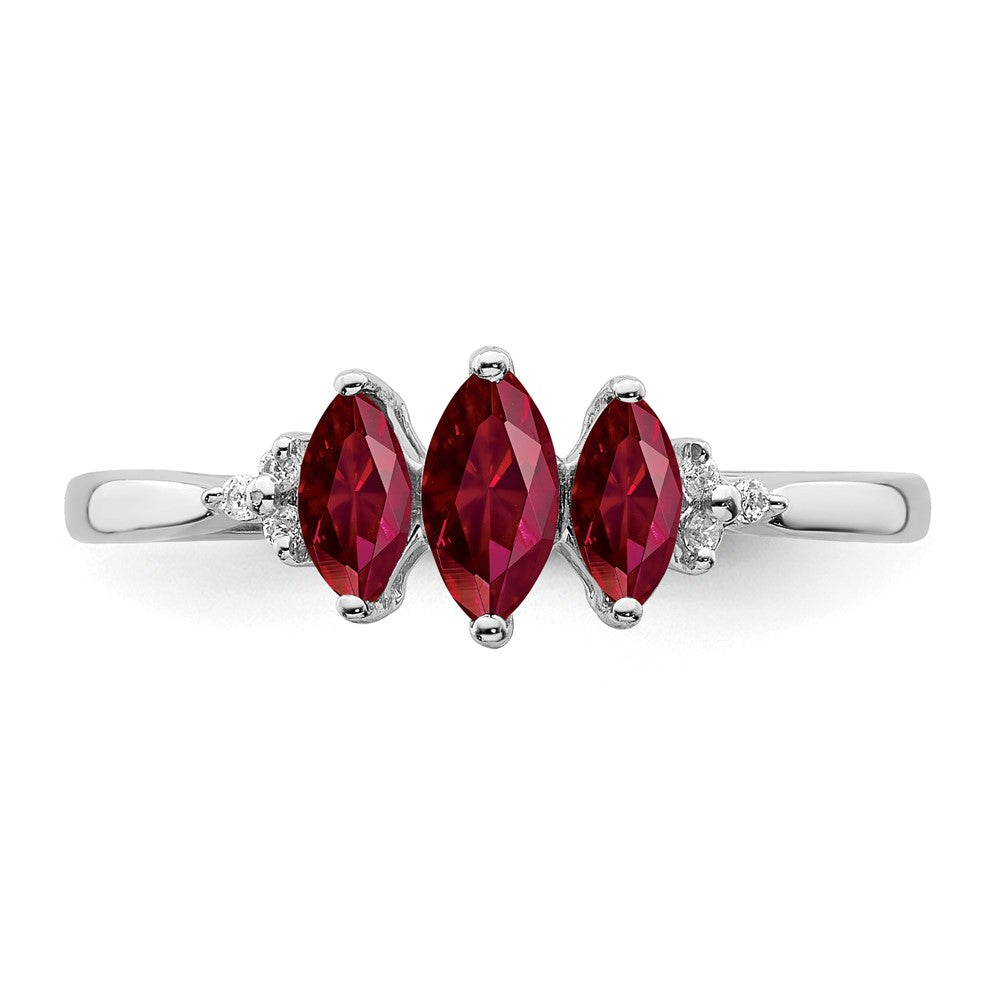 14k White Gold Marquise Created Ruby and Real Diamond 3-stone Ring