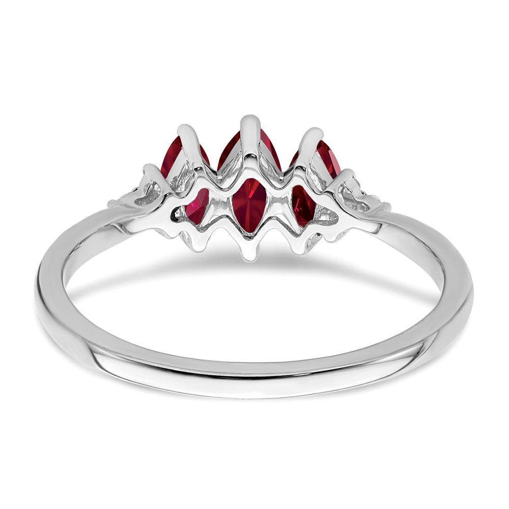 14k White Gold Marquise Created Ruby and Real Diamond 3-stone Ring