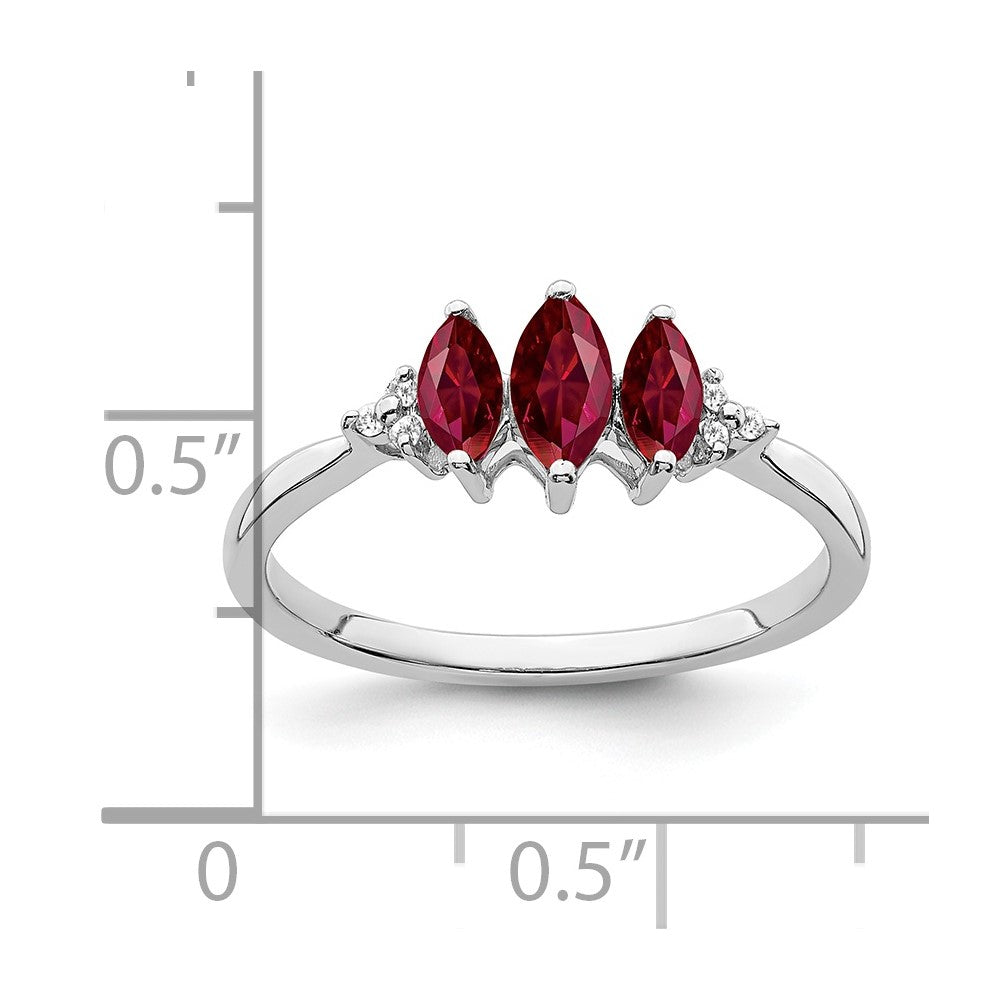 14k White Gold Marquise Created Ruby and Real Diamond 3-stone Ring
