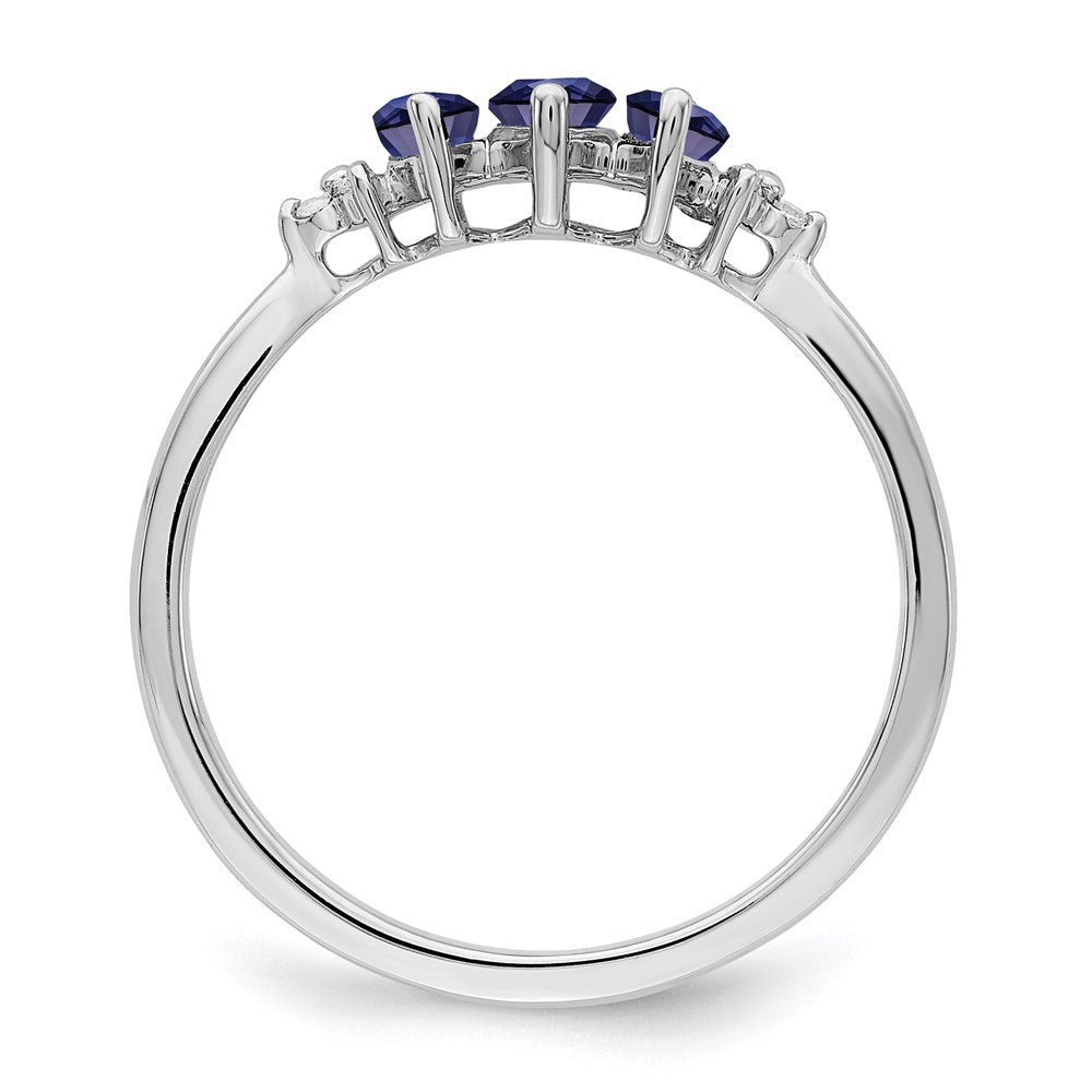 14k White Gold Marquise Created Sapphire and Real Diamond 3-stone Ring