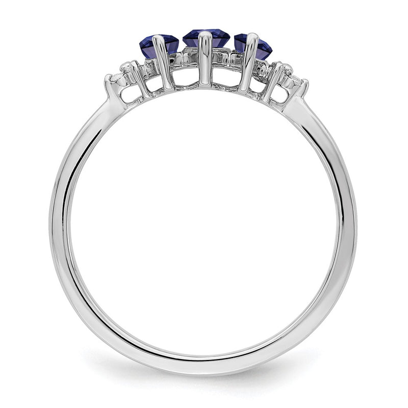 14k White Gold Marquise Created Sapphire and Real Diamond 3-stone Ring