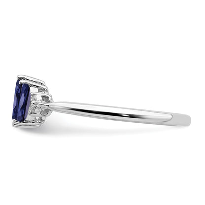 14k White Gold Marquise Created Sapphire and Real Diamond 3-stone Ring