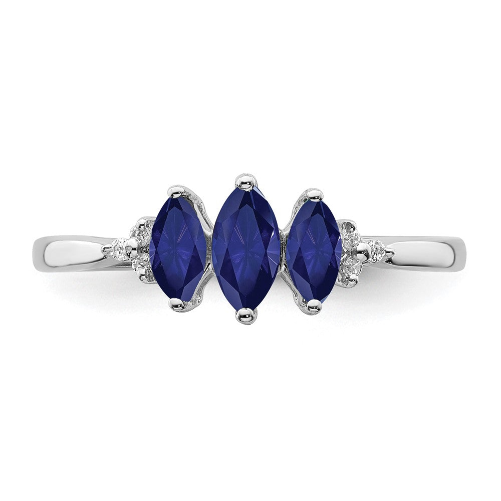 14k White Gold Marquise Created Sapphire and Real Diamond 3-stone Ring