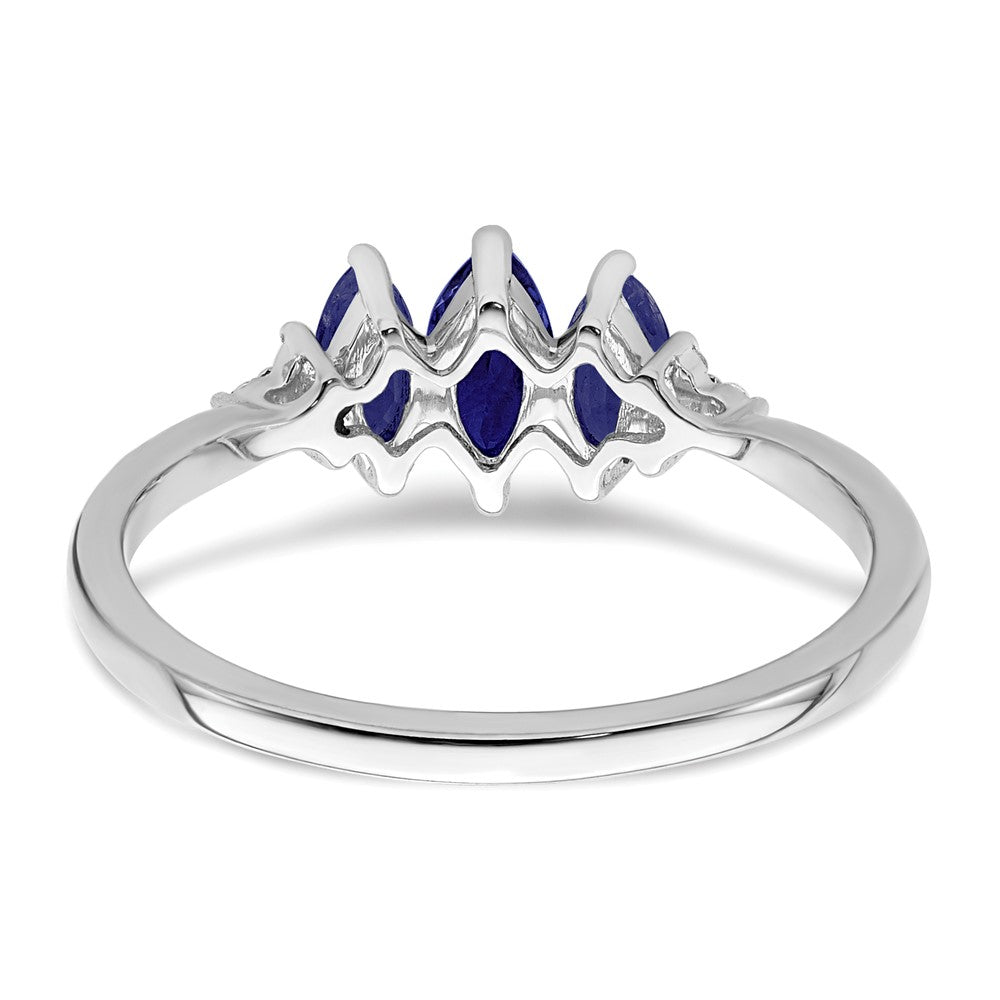 14k White Gold Marquise Created Sapphire and Real Diamond 3-stone Ring