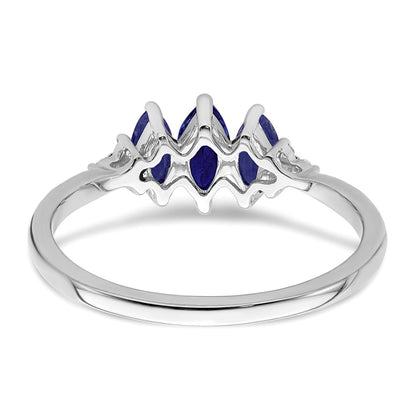14k White Gold Marquise Created Sapphire and Real Diamond 3-stone Ring