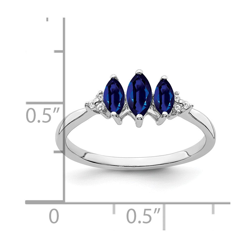 14k White Gold Marquise Created Sapphire and Real Diamond 3-stone Ring