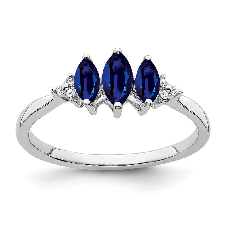14k White Gold Marquise Created Sapphire and Real Diamond 3-stone Ring