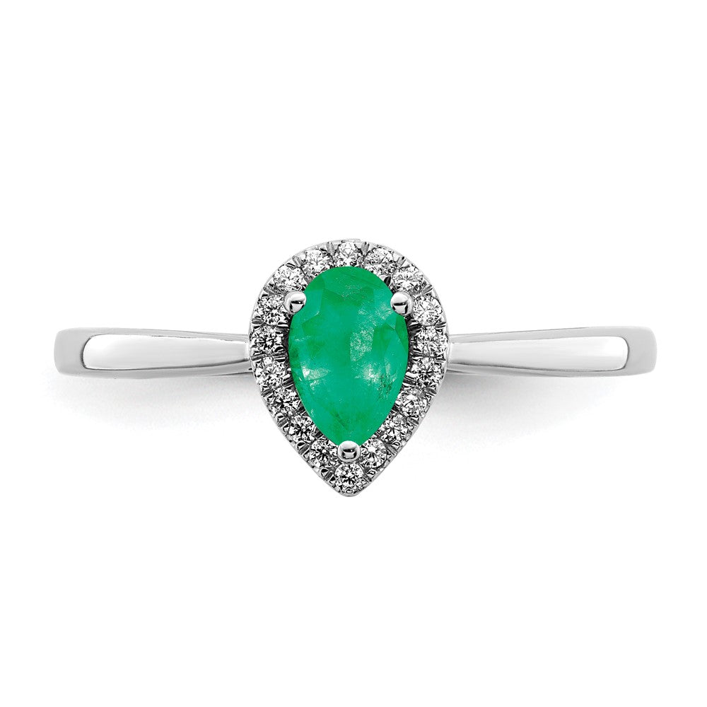 14k White Gold Pear Emerald and Real Diamond Halo Ring