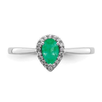 14k White Gold Pear Emerald and Real Diamond Halo Ring