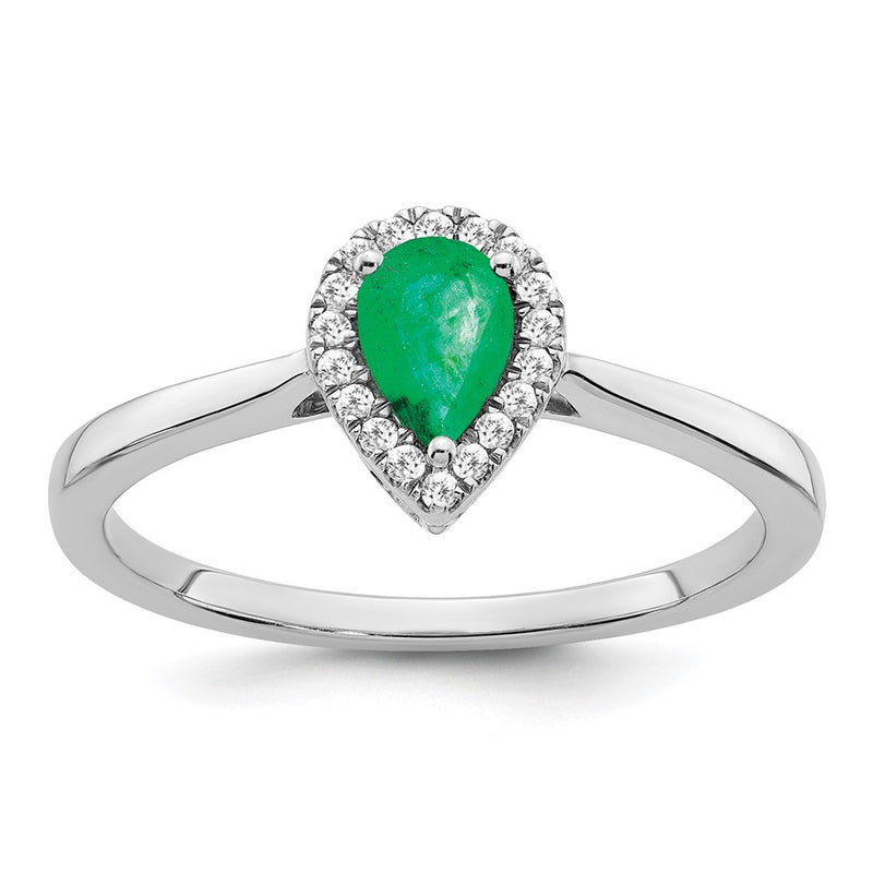 14k White Gold Pear Emerald and Real Diamond Halo Ring