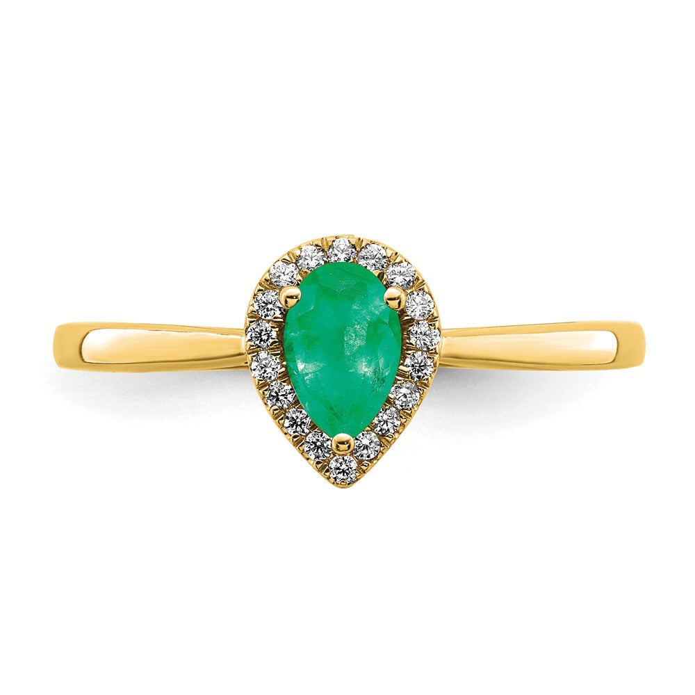 14K Yellow Gold Pear Emerald and Real Diamond Halo Ring