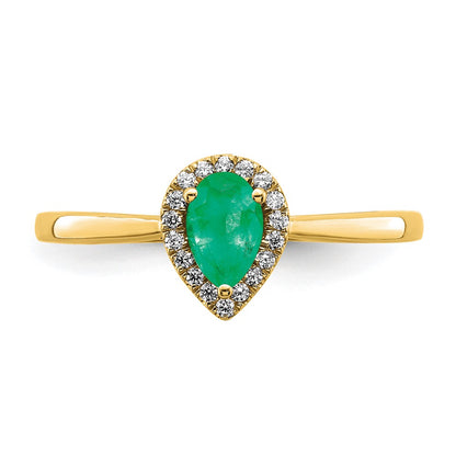 14K Yellow Gold Pear Emerald and Real Diamond Halo Ring