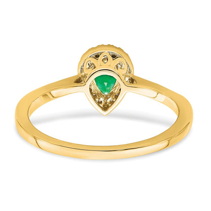 14K Yellow Gold Pear Emerald and Real Diamond Halo Ring