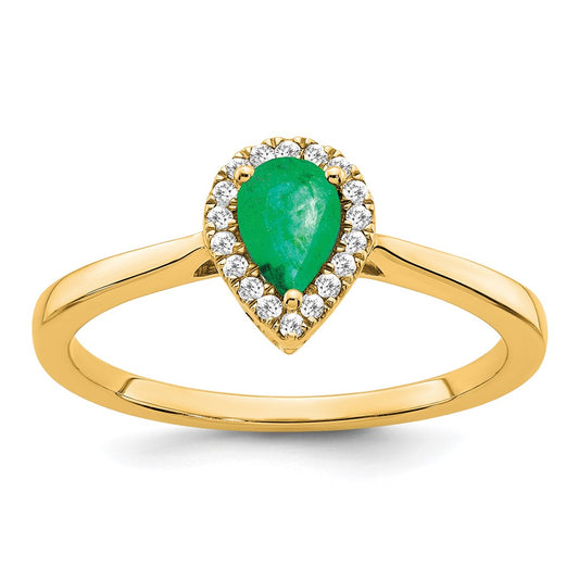 14K Yellow Gold Pear Emerald and Real Diamond Halo Ring