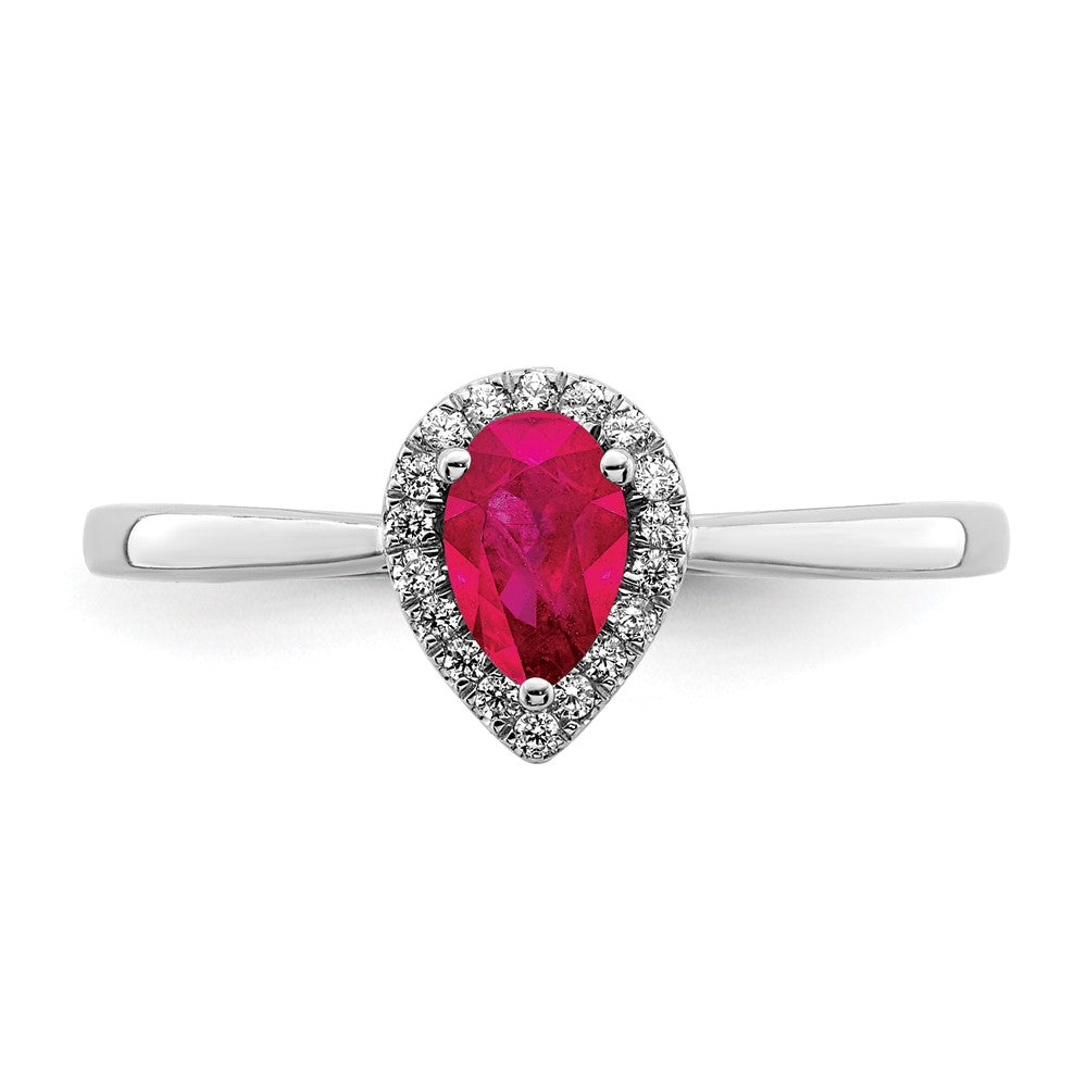 14k White Gold Pear Ruby and Real Diamond Halo Ring