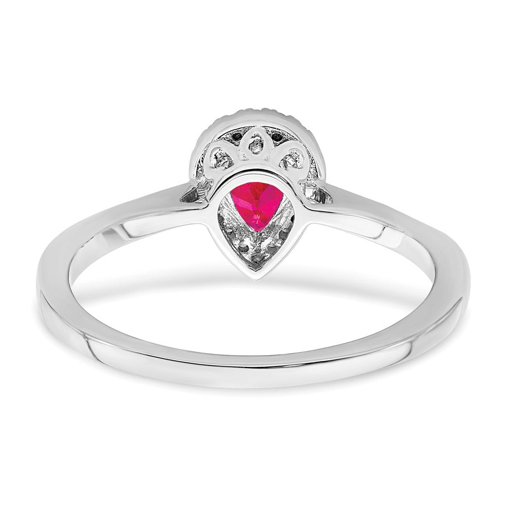 Solid 14k White Gold Pear Simulated Ruby and CZ Halo Ring