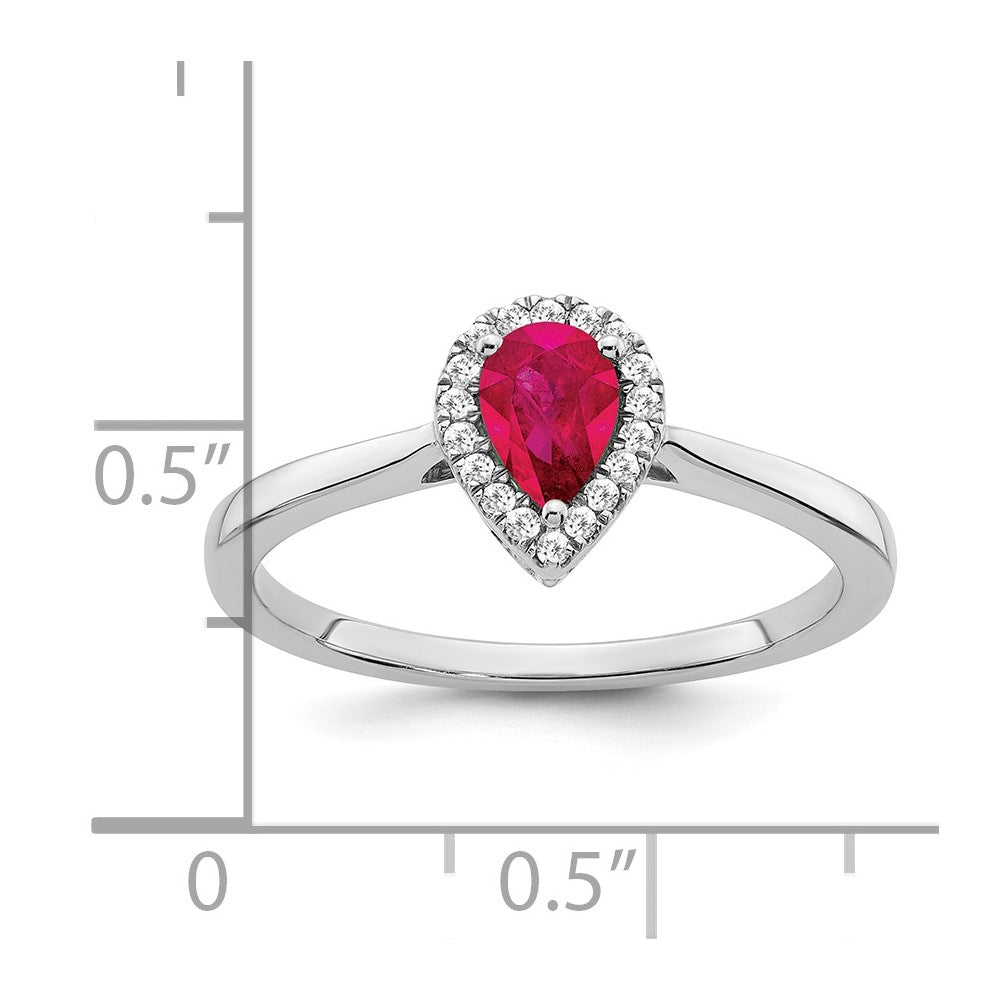 14k White Gold Pear Ruby and Real Diamond Halo Ring