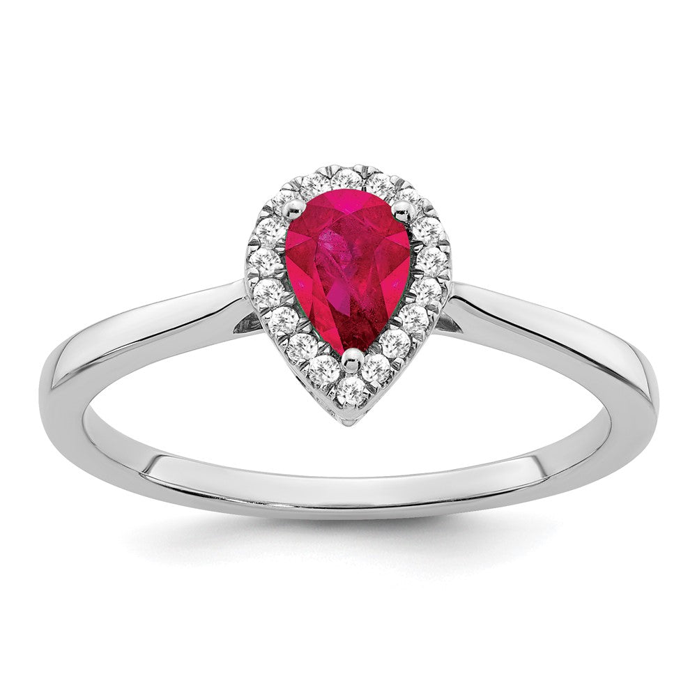 14k White Gold Pear Ruby and Real Diamond Halo Ring