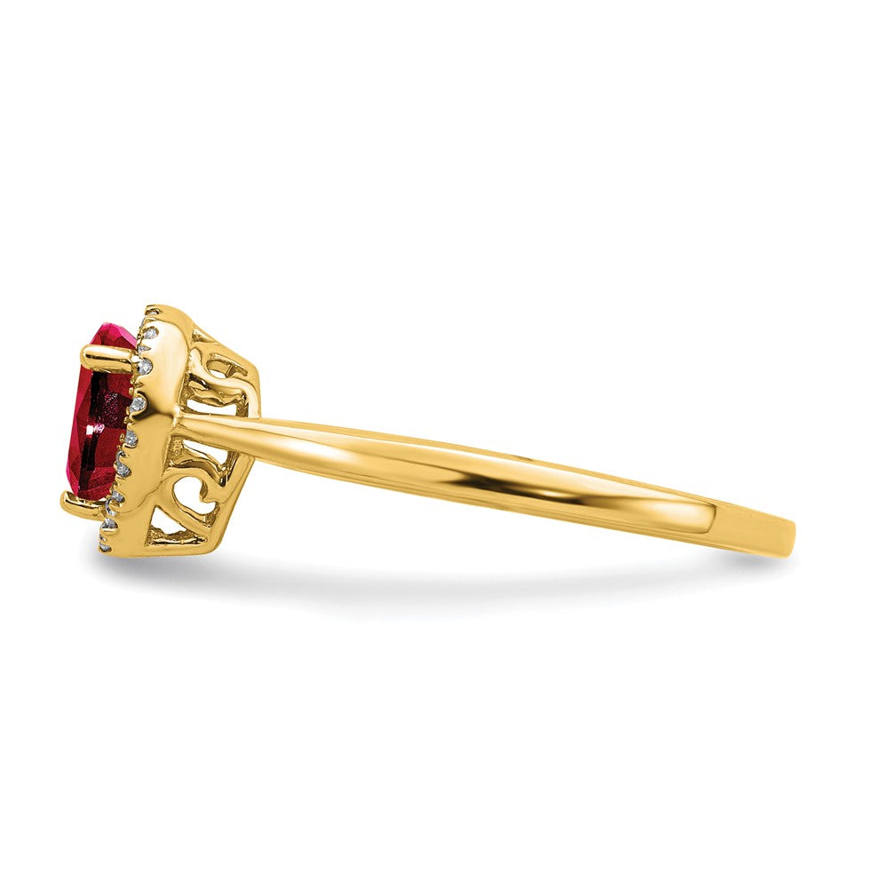 Solid 14k Yellow Gold Pear Simulated Ruby and CZ Halo Ring