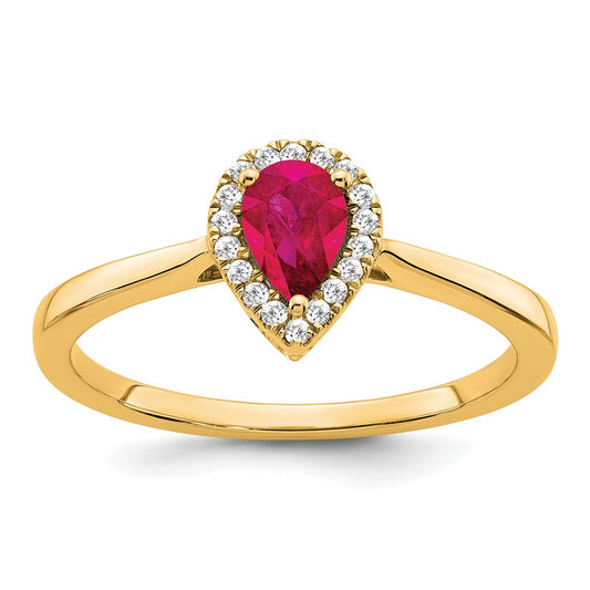 14K Yellow Gold Pear Ruby and Real Diamond Halo Ring