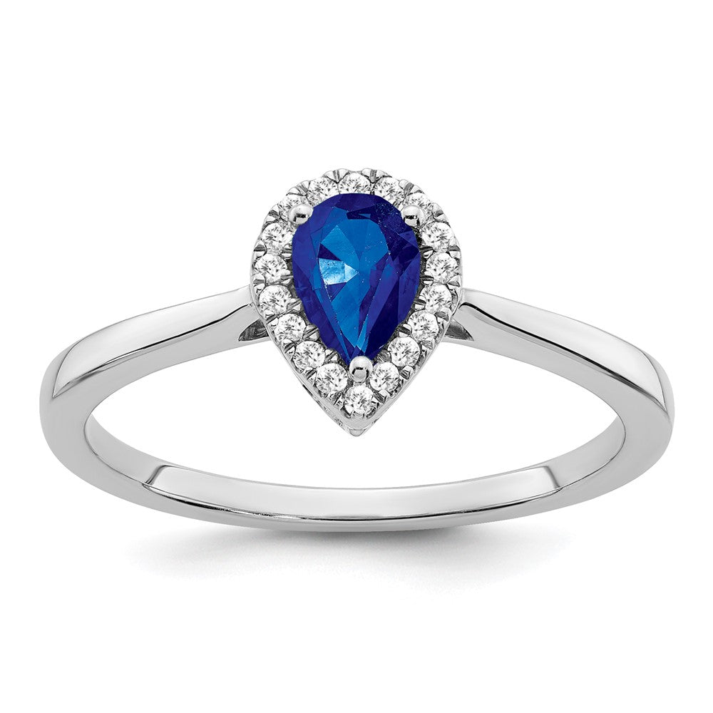 Solid 14k White Gold Pear Simulated Sapphire and CZ Halo Ring